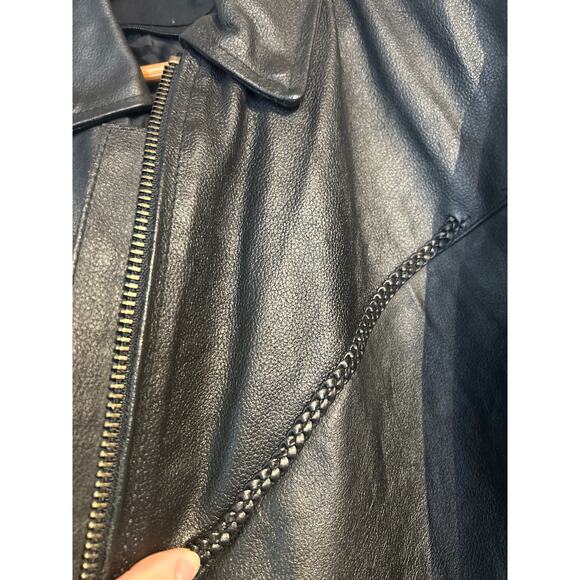 Braided Heavy Black Leather Biker Jacket - Picture 7 of 8